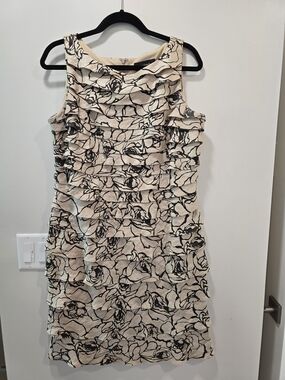 R&M Richards Beige Dress with Black Floral Ruffle Tiers